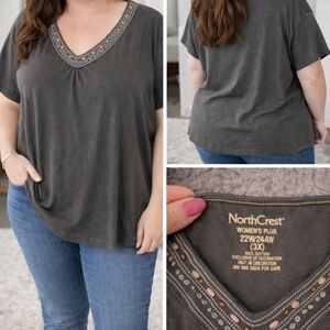 Northcrest Charcoal Short Sleeve Top with Embroidery
